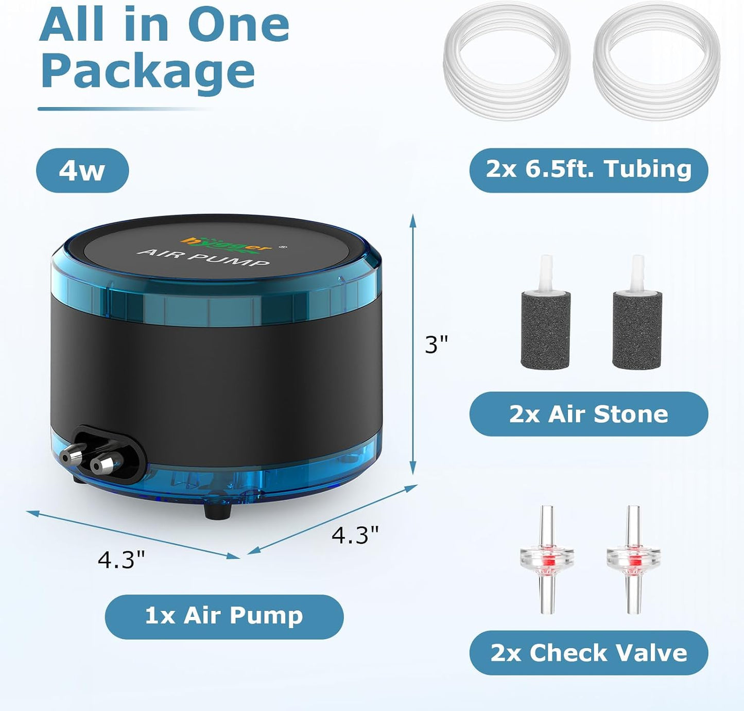 hygger Aquarium Air Pump Dual Outlet, Quiet Powerful Fish Tank Aerator 4W/8W, Adjustable Oxygen Pump with Air Stone, Bubbler for Fish Tank Up to 200 Gallon