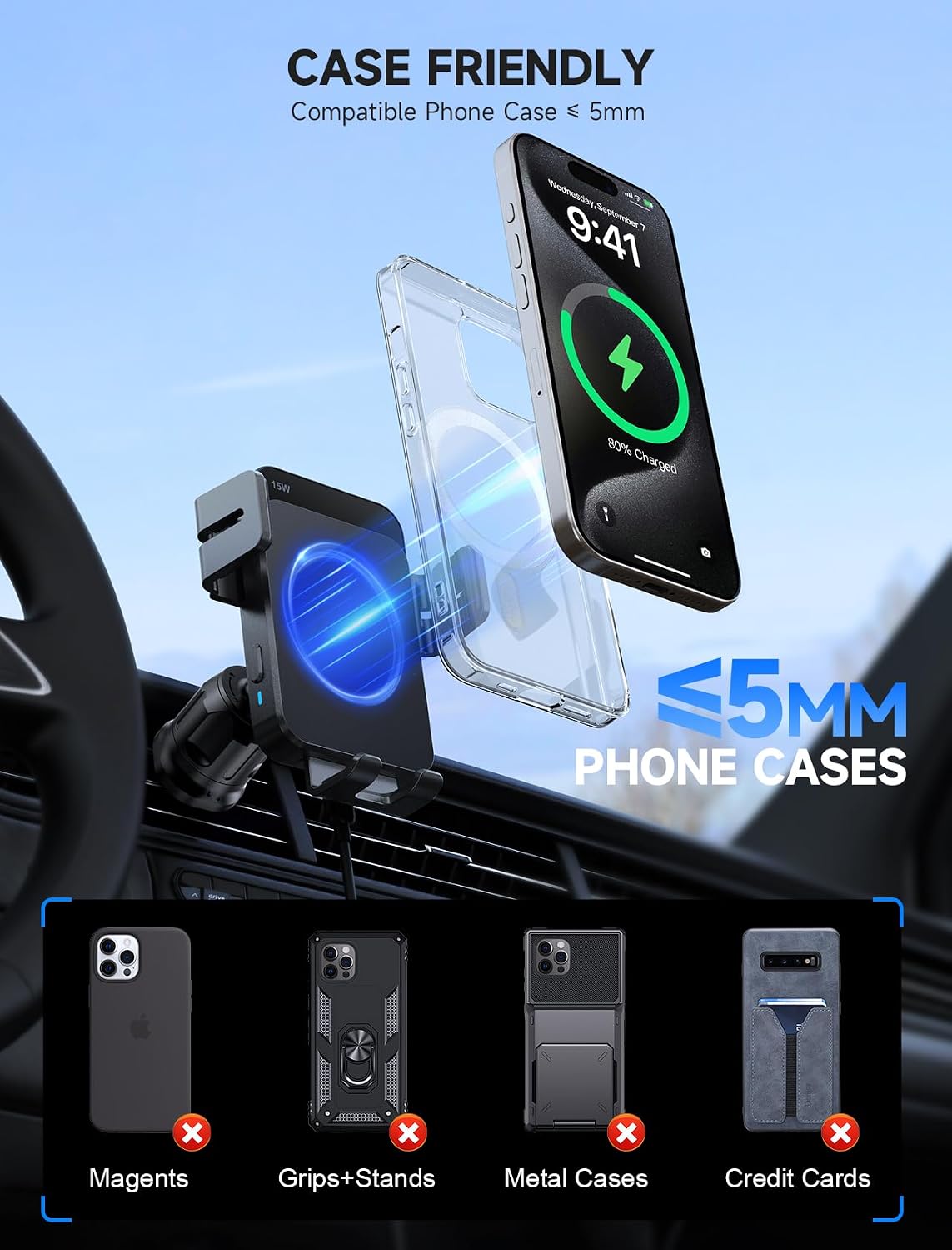 Wireless Car Charger 15W Auto Clamping Phone Holder Dash Windshield Vent | Car Charger Compatible with iPhone 17 16 15 14/13/13 Pro/12 pro/12/11/X/8, Samsung S24/S23/S22