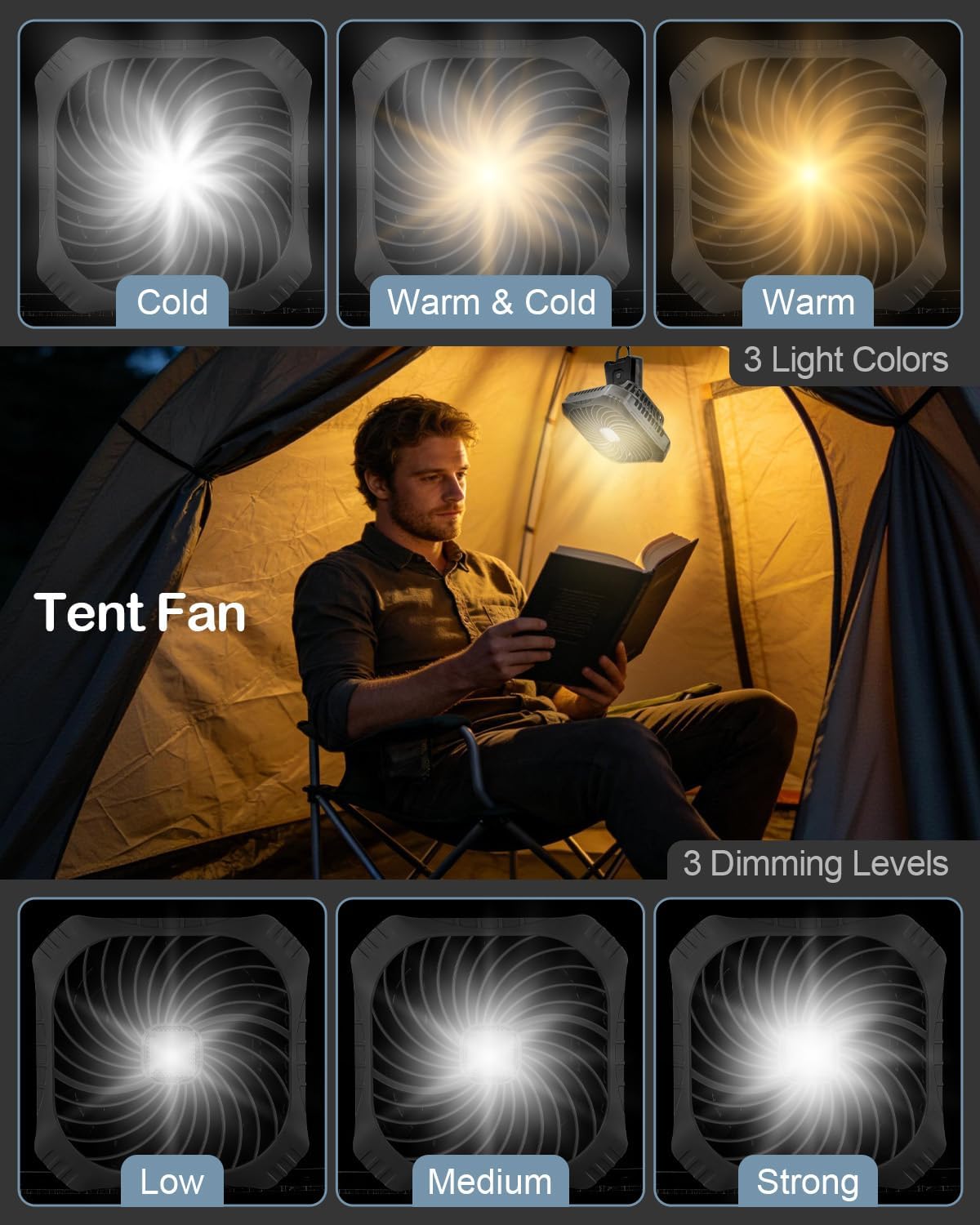 Odoland Portable Camping Fan with LED Lantern, 40H Rechargeable Battery Fan | Quiet Tent Fan with Hanging Hook for RV Car Beach Outdoor Hurricane Emergency Outages, 4-Speed Wind & 3-Color Light, Black