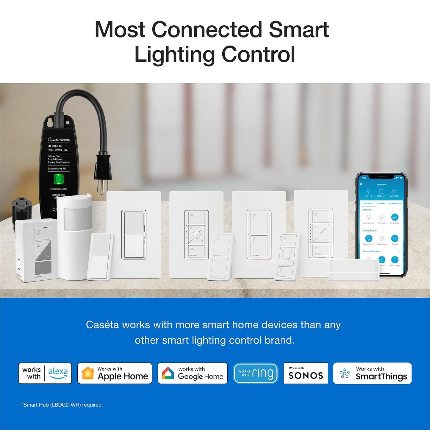 Lutron Caseta Diva ELV+ Smart Dimmer (Smart Hub Required) for ELV Lighting | ELV Smart Dimmer controls track lighting, strip lighting, ELV fixtures, create favorite light level, DVRF-5NE-WH, White