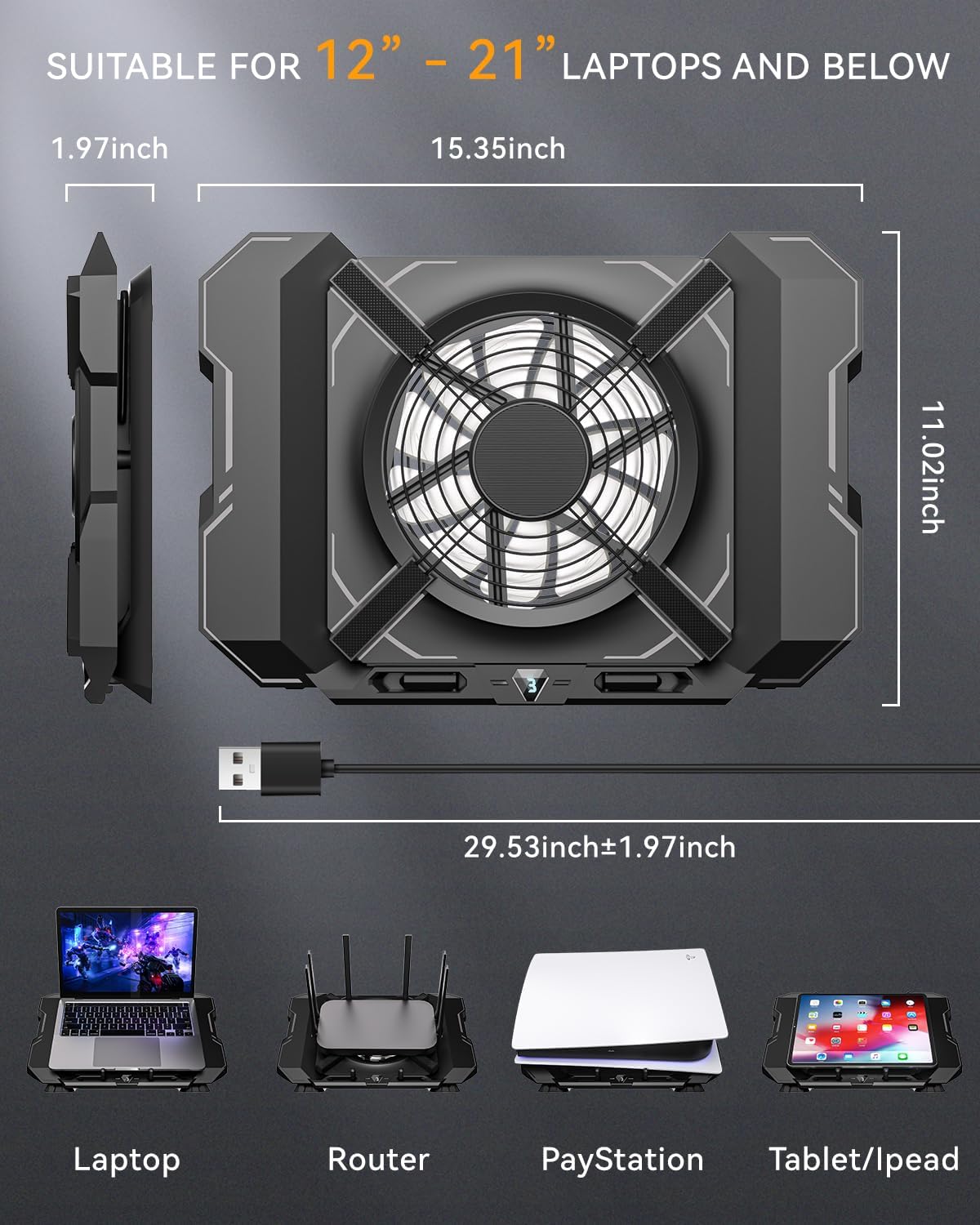 Laptop Cooling Pad, Gaming Laptop Cooler with 7.1 Inch Powerful Fan, RGB Lights &amp; 3-Speed Fan Control &amp; LCD Diamond Design, Height Adjustable Quiet Laptop Cooling Stand for 12"-21" Laptops etc