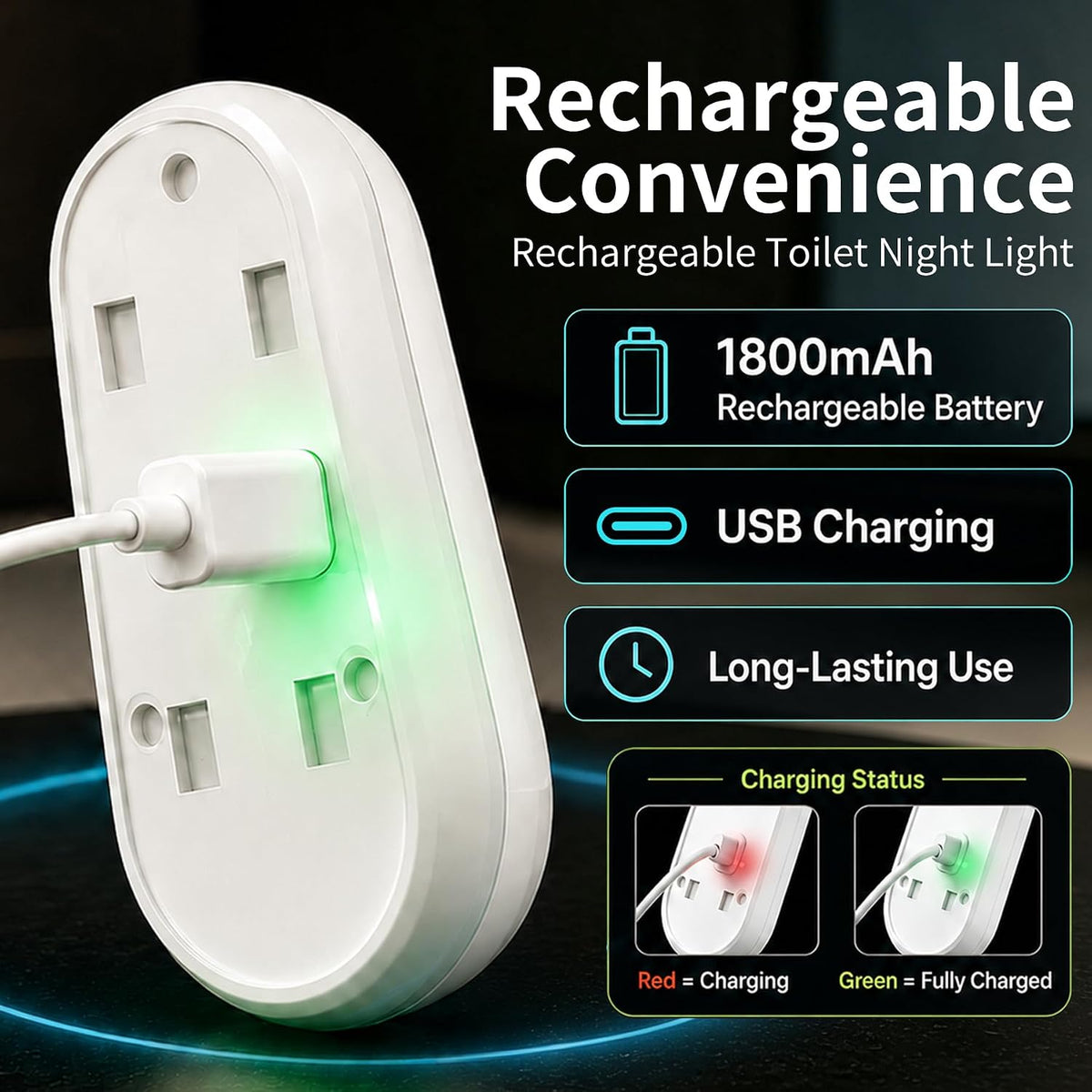 2 Packs Toilet Night Light with Motion-Activated, RGB Smart Toilet Bowl Night Light with USB Rechargeable, Waterproof, Adhesive-Mounted for Home/Shared Bathroom