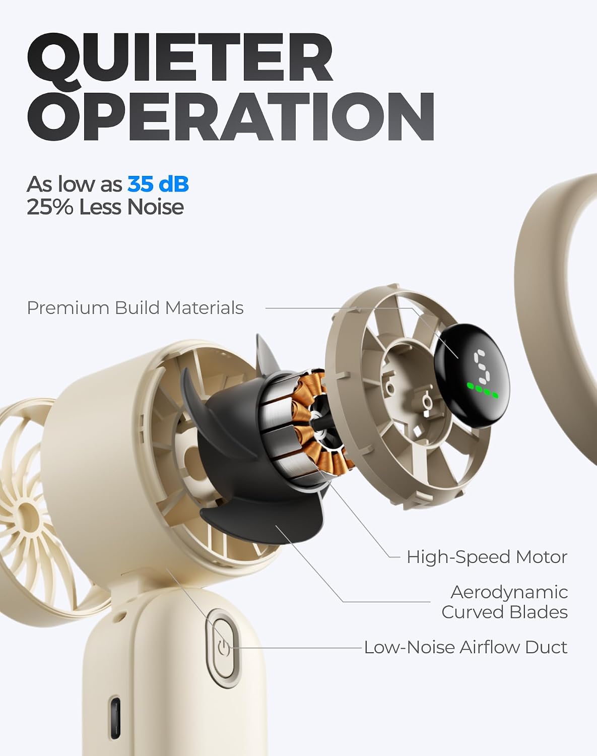 Diveblues Quiet Mini Portable Handheld Fan 30ft/s, 4000mAh Battery | Quiet Motor, 12H Max Cooling, 5 Speeds, LED Display, 3-in-1 Handheld/Neck/Desk Fan for Travel, Cruise & Disney Essentials