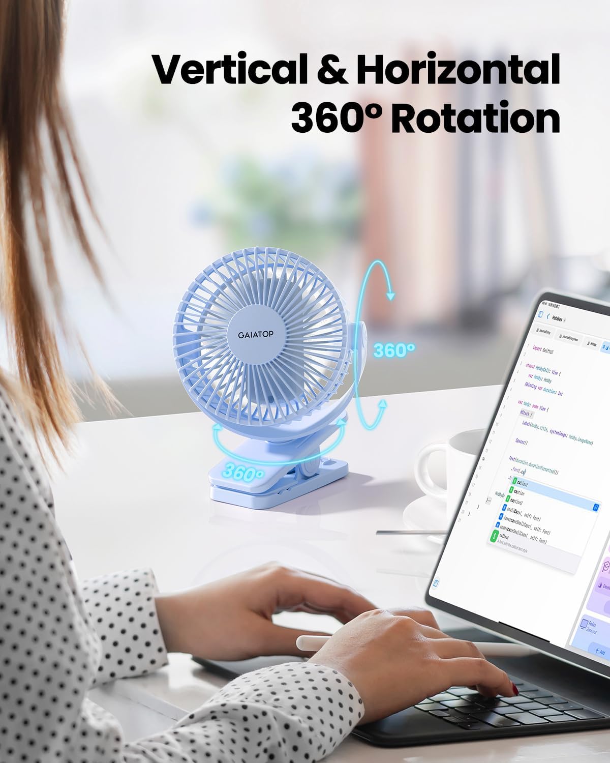 Gaiatop Portable Clip on Fan, Mini Personal Quiet Rechargeable Fan | Battery Operated, Small 3 Speed 360° Rotate, Cooling for Desk Table Home Office Stroller Camping Women Gifts Light Blue