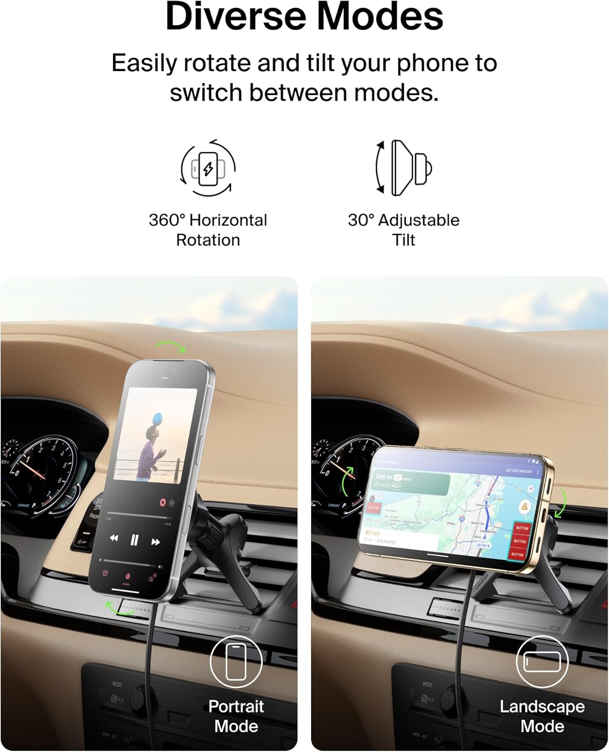Belkin Qi2 15W Magnetic Wireless Vent Mount, Fast Charging Car Charger | MagSafe Compatible, iPhone 15/16/17, Samsung Galaxy S26, AirPods, iPads, MacBook, Chromebook, Car Phone Charger