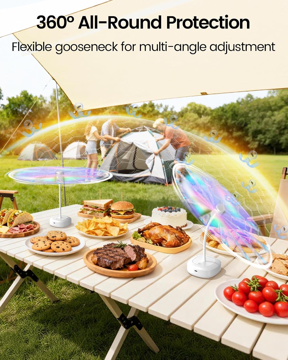 Edvision Fly Fans for Tables, 2000mAh Rechargeable Food Fan, 20H Runtime | Flexible Neck for 360° Coverage, Quiet Table Fan with Soft Safety Blades, Ideal for Party, Picnic, BBQ, Indoor & Outdoor Use