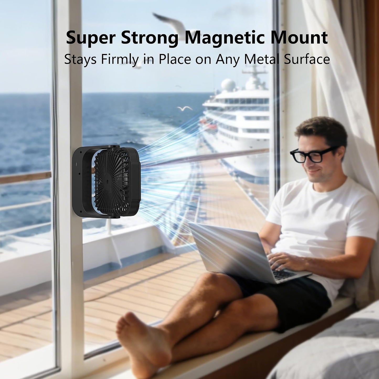 Magnetic Cruise Ship Approved Fan, 5000mAh Battery Operated Cruise Fan with 5 Speeds, Magnetically Sticks on Cabin Ceilings and Walls, Cruise Ship & Cruise Essentials 2026 - Light Black