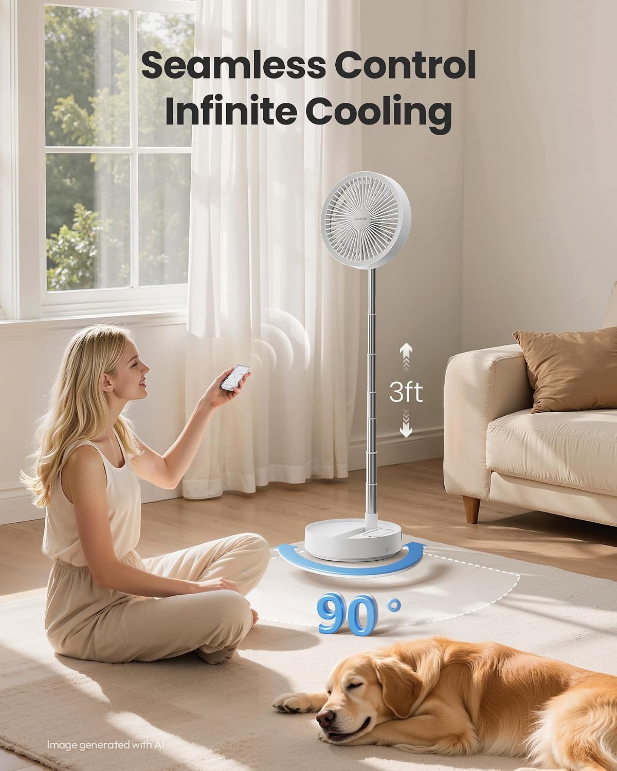 Gaiatop Portable Pedestal Fan 16000mAh Battery [Max 74h Runtime], Foldable Oscillating Standing Fan, Collapsible Desk Fans, LED Light, Case & Remote Control 4 Speeds for Outdoor Travel Camping (White)