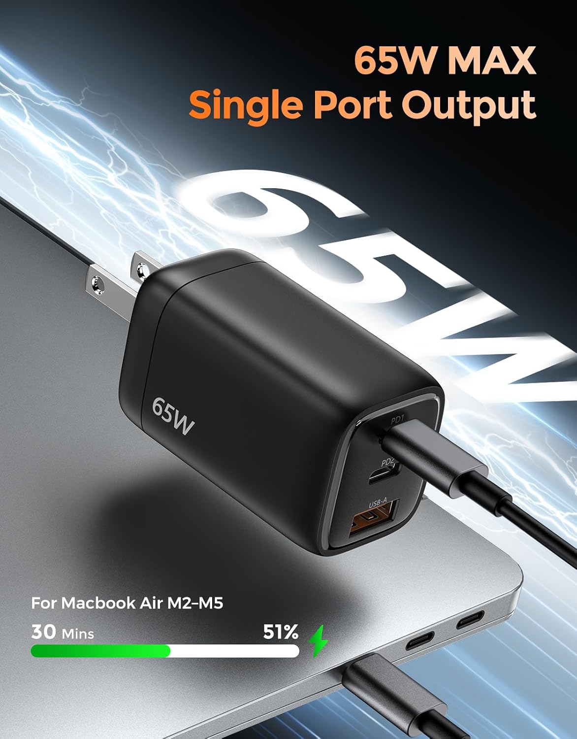 TECKNET 65W USB C Charger, Type C Chargers Fast Charging Block Multi Port | GaN USB C Charger Block Foldable for iPhone 17/16/15 Series, Samsung Galaxy S26/S25/S24 Ultra, MacBook, iPad and More, Black