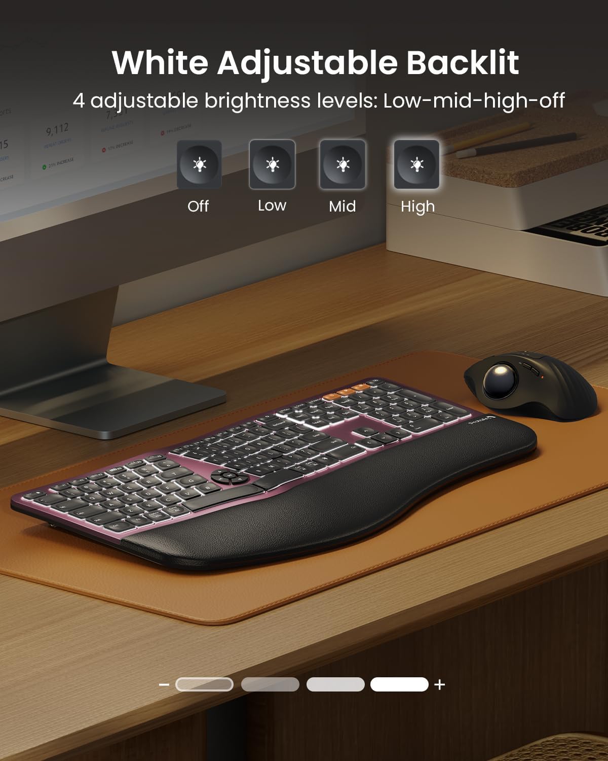ProtoArc EK01 Plus Backlit Bluetooth Ergonomic Keyboard, Full Size, Red | Adjustable brightness, split design, cushioned wrist rest, connect 3 devices via Bluetooth/2.4G, 2000mAh USB-C rechargeable.