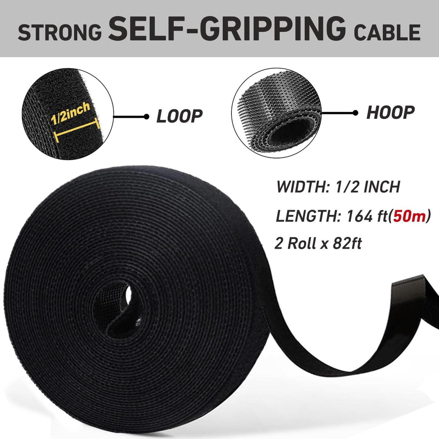 Hitotsu 164ft x1/2 inch Reusable Fastening Cable Ties, 2x82ft/Roll | Double-Sided Hook Loop Roll,Self-Gripping Strips,Multi-Purpose Wrap Fasteners for Office,Home,Data Center,Wire Bundling
