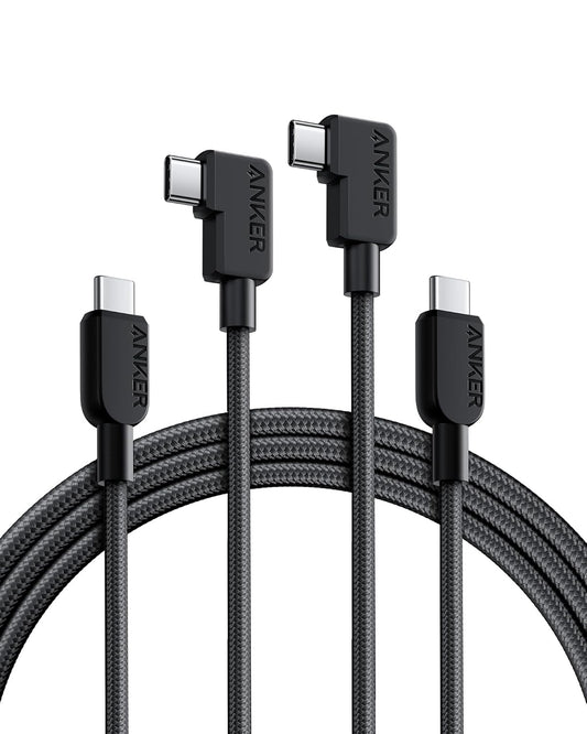 Anker USB C to USB C Right-Angle Cable, 240W (2-Pack, 6 ft, Black) | 90-Degree Braided USB C Charging Cord for iPhone 17 Series and More