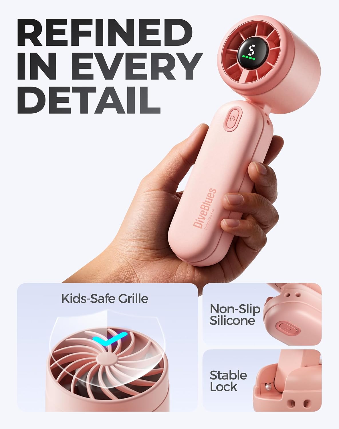 Diveblues Mini Portable Handheld Turbo Fan 27ft/s, 4000mAh Battery | 12H Max Cooling, 5 Speeds, LED Display, Quiet Motor, 3-in-1 Handheld/Neck/Desk Fan for Travel, Cruise & Disney Essentials