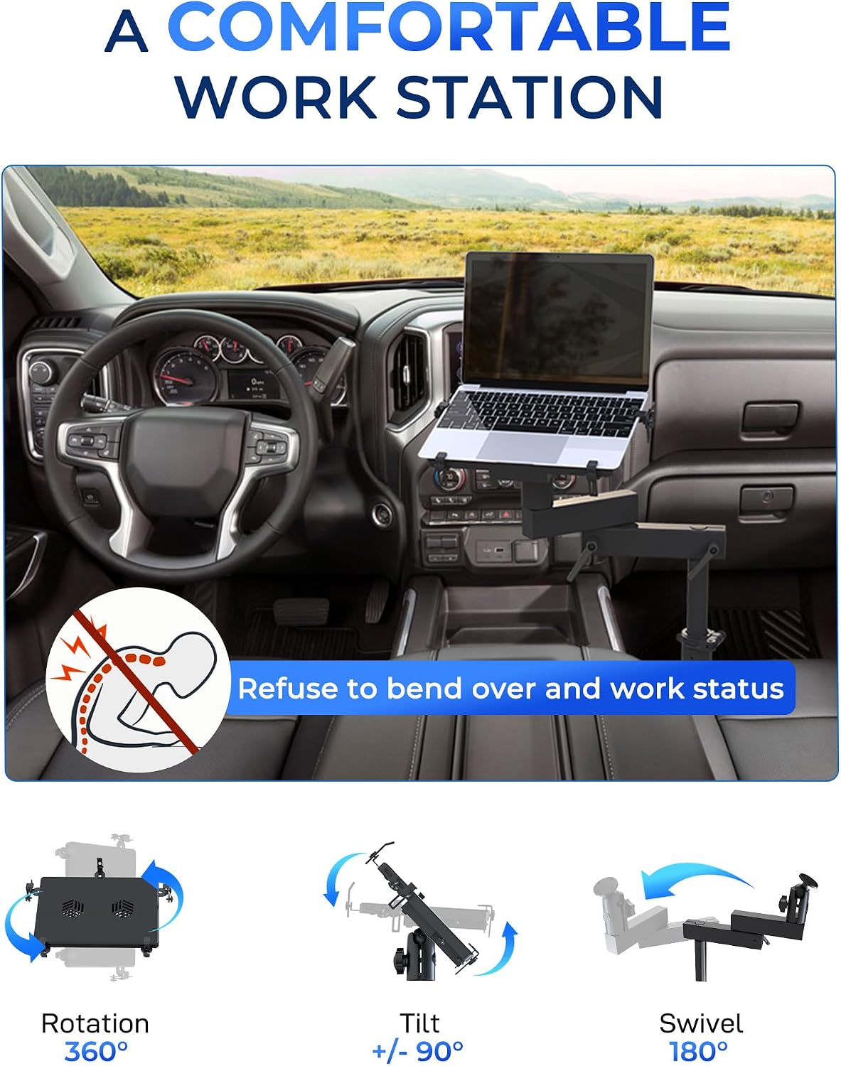 Truck Laptop Mount Fit for 19-25 Chevy Silverado, Tahoe, GMC Sierra, No-Drilling Vehicle Laptop Mount Built-in Cooling Fan Adjustable Truck Computer Stand