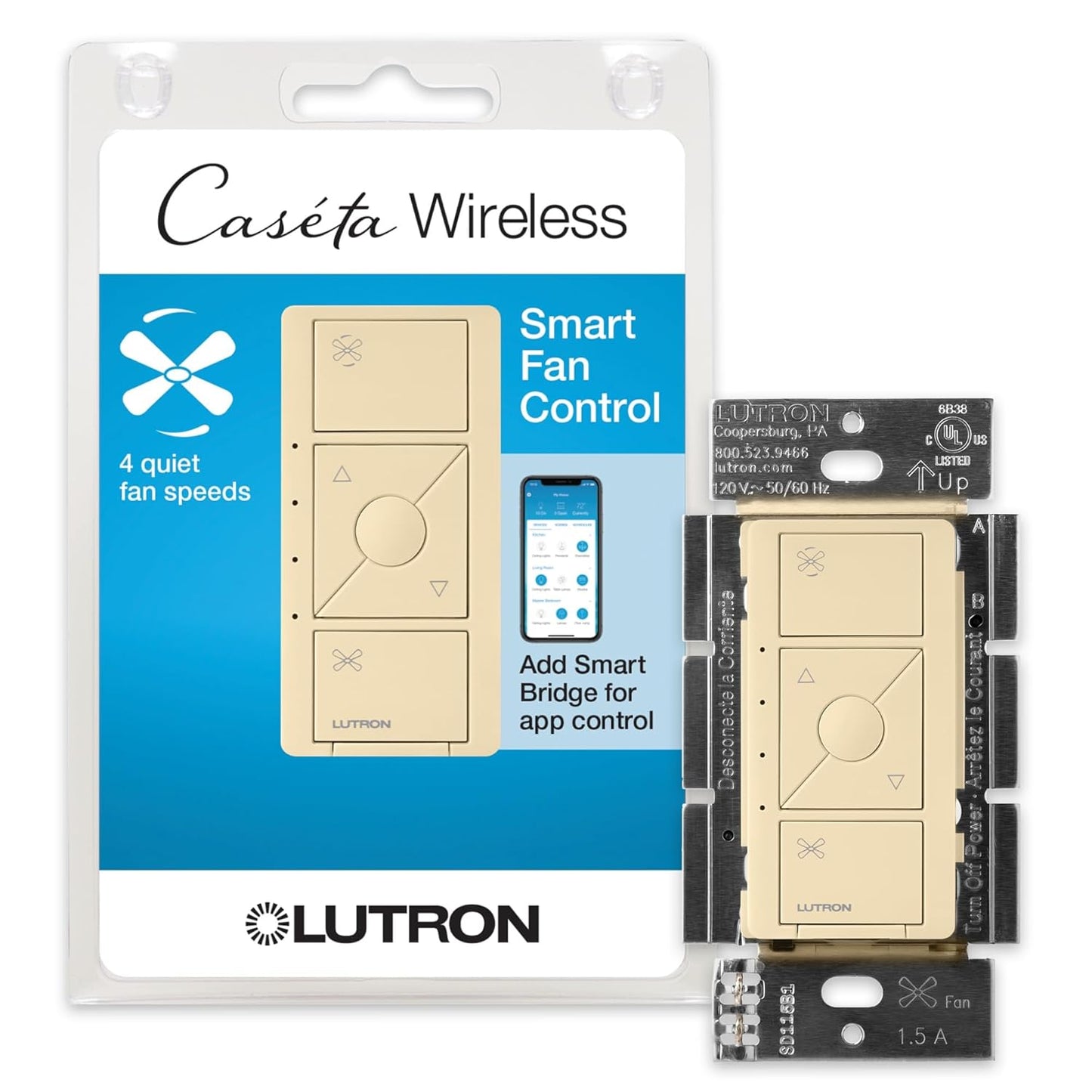 Lutron Caseta Smart Fan Speed Control Switch (Smart Hub Required), Single-Pole Lutron Caseta Switch for Ceiling Fans, PD-FSQN-IV, Ivory