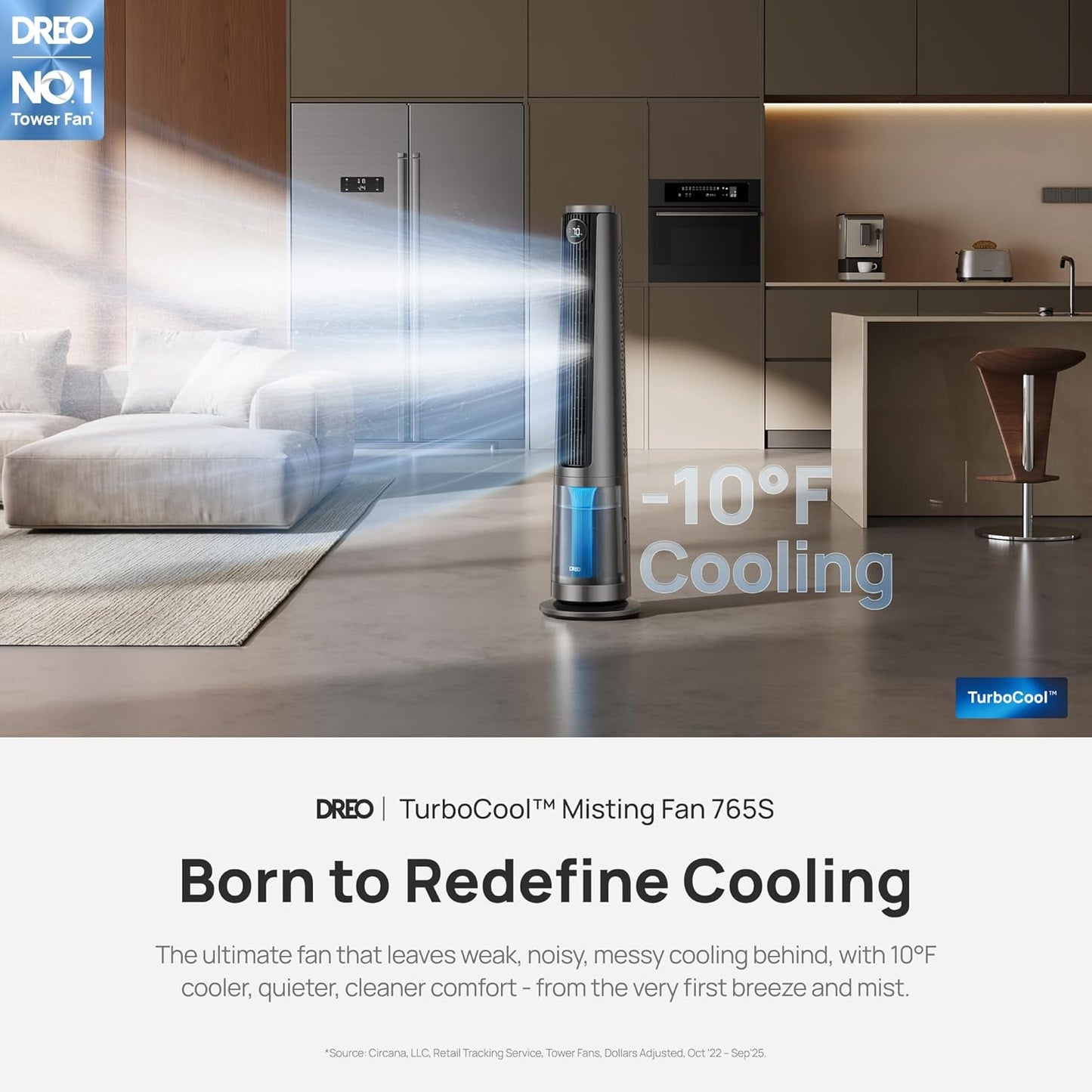 DREO TurboCool Misting Fan 765S, Fans that Blow Cold Air, 10°F Cooling Fan | 34ft/s Fast Evaporative Air Cooler, 6L Tank, 20 dB Quiet DC Motor, 90° Tower Fan with 12 Speeds, 4 Modes for Home, Grey