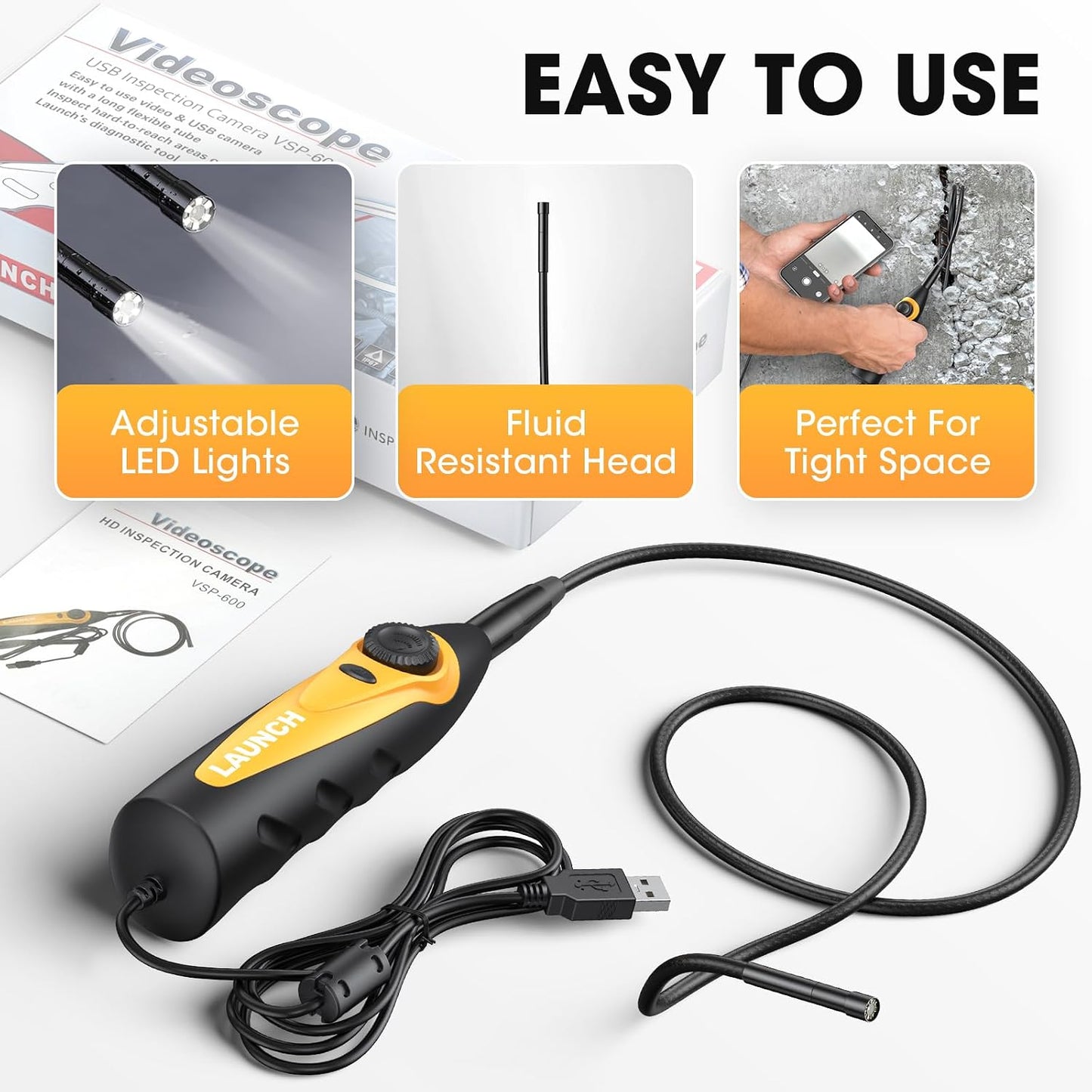 LAUNCH VSP-600 Endoscope 5.5mm Ultra-Thin, Lens HD Wide Application Videoscope Borescope high Definition Multi-Angle Imaging One-Click Snapshot IP67 Waterproof with 2000mm USB Cable
