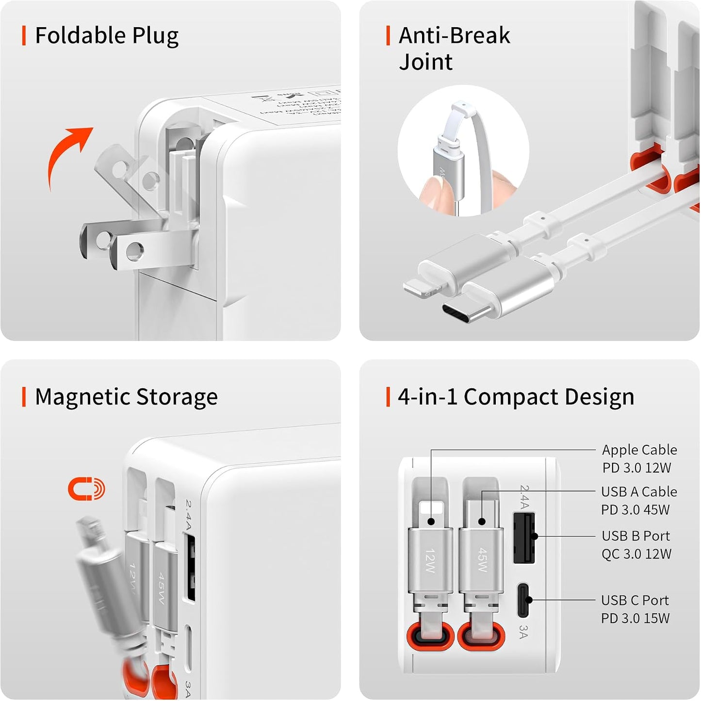 4-in-1 Retractable Wall Charger 45W USB C iPhone Charger with Dual Cables for Multiple Devices Foldable Plug Charger Block for iPhone 17/16/15/14/iPad/Galaxy/Pixel/AirPods