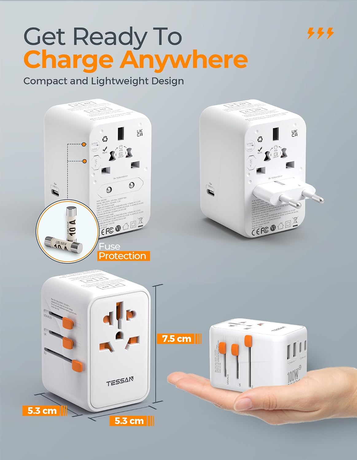 TESSAN Universal Travel Adapter 100W GaN | International Power Adapter, 5 USB Ports (3 USB C), Worldwide Outlet US to Europe UK AUS Ireland, Type C/G/A/I