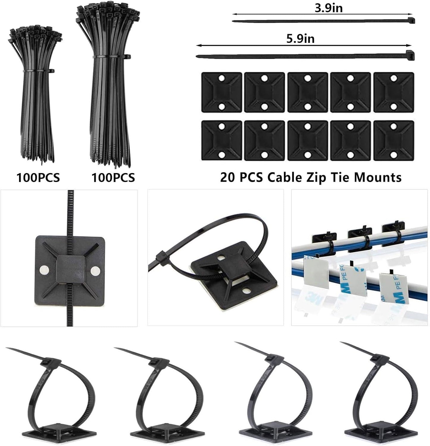 ELII 327 PCS Cable Management Kit 4 Cable Cable Sleeves,65 Cable Clips | 13Cord Holders,25 Roll Cable Organizer Straps,200 Fastening Cable Ties,20 Cable Zip Tie Mounts for Computer