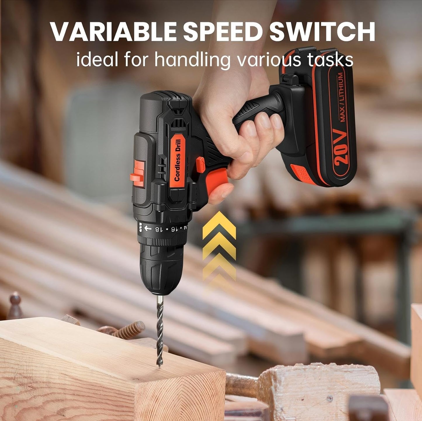 20V Cordless Drill Driver Set, Electric Power Screwdriver Drill with 2.0Ah Battery, 3/8" Keyless Chuck, 18+1 Torque Settings, 2 Speed, LED Light, 42PCS Accessory Kit