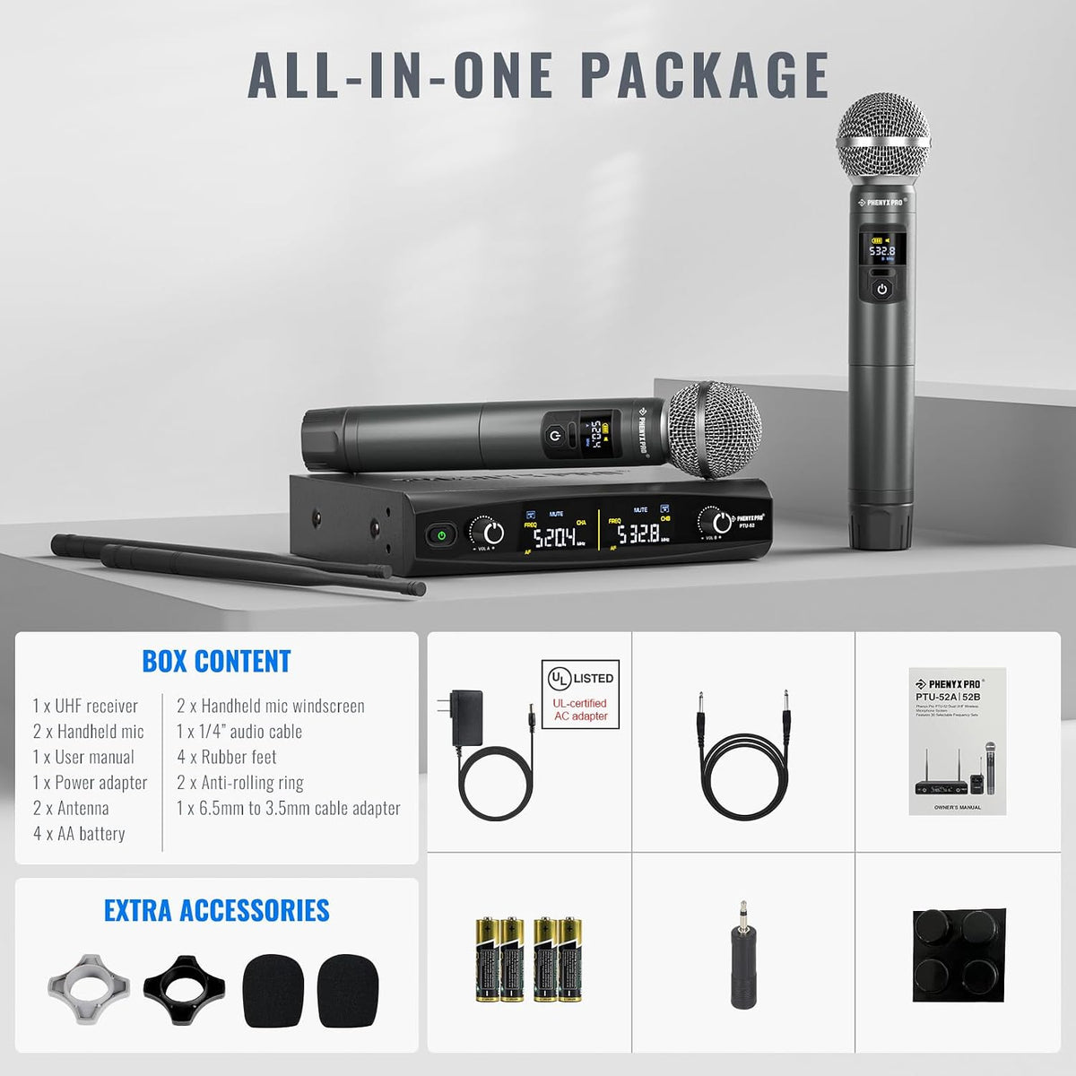 Phenyx Pro Dual UHF Tunable Frequency Wireless Microphone System PTU-52-2H