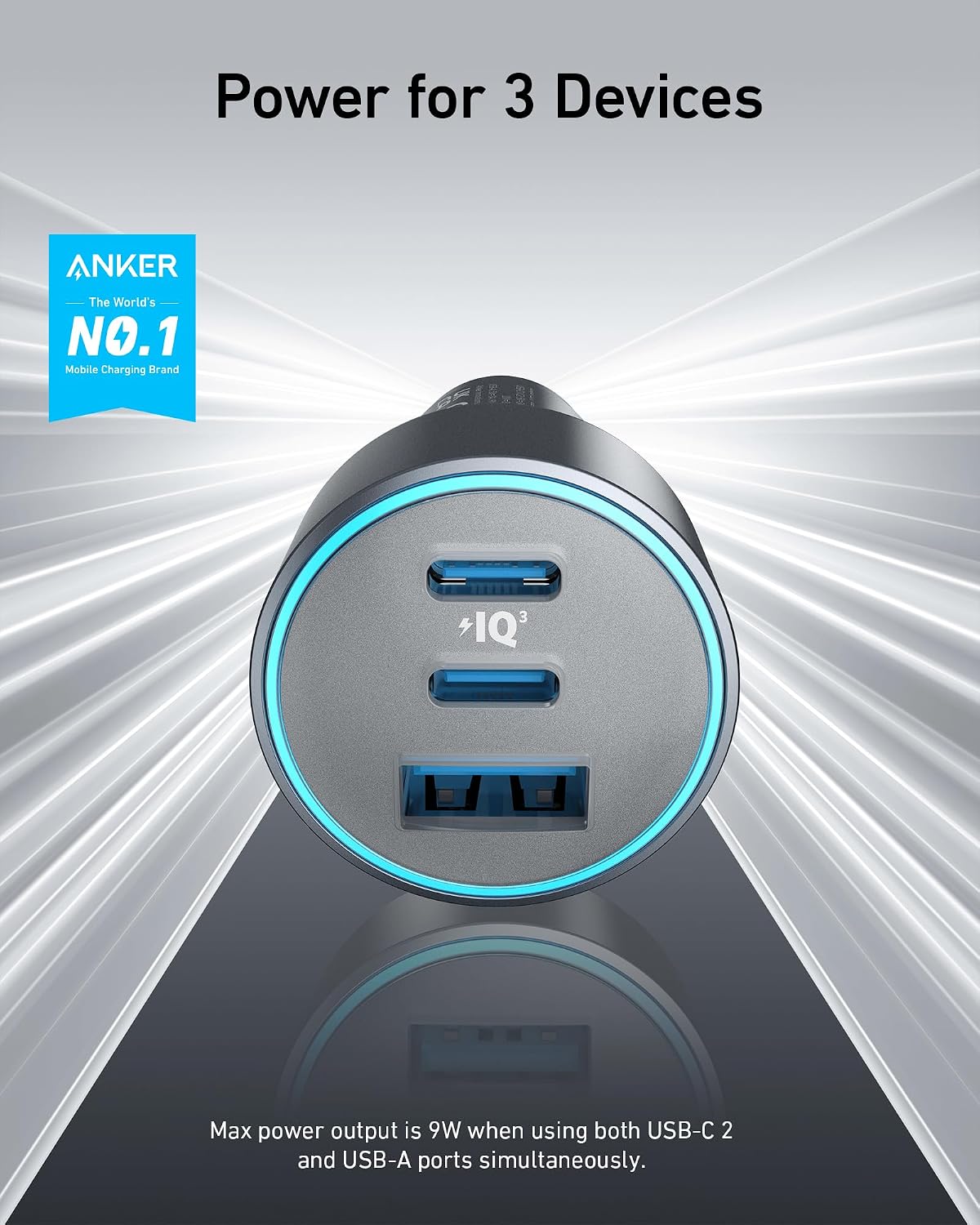 Anker 535 67W 3-Port Compact PowerIQ 3.0 USB C Car Charger | Fast Charging Adapter for iPhone 17 / 16 / 15 / 14 Series, Galaxy S25 / S24 / 23, MacBook, iPad, and More (Cable Included)