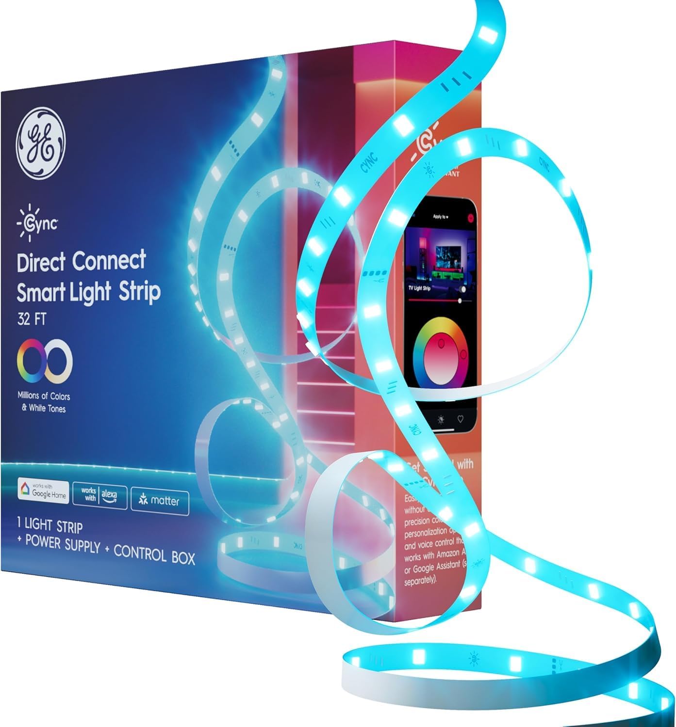 GE Cync Smart LED Strip Light, Color Changing Room Decor LED Light Strip, Works with Alexa and Google Home, Matter Compatible, LED Lights for Bedroom, Millions of Colors and White Tones, 16 Feet