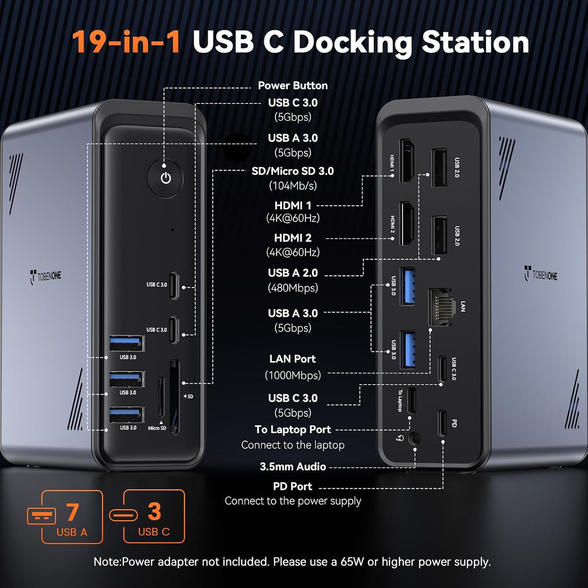 TobenONE 19-in-1 Laptop Docking Station Dual Monitor,10 USB C/A,2×4K HDMI