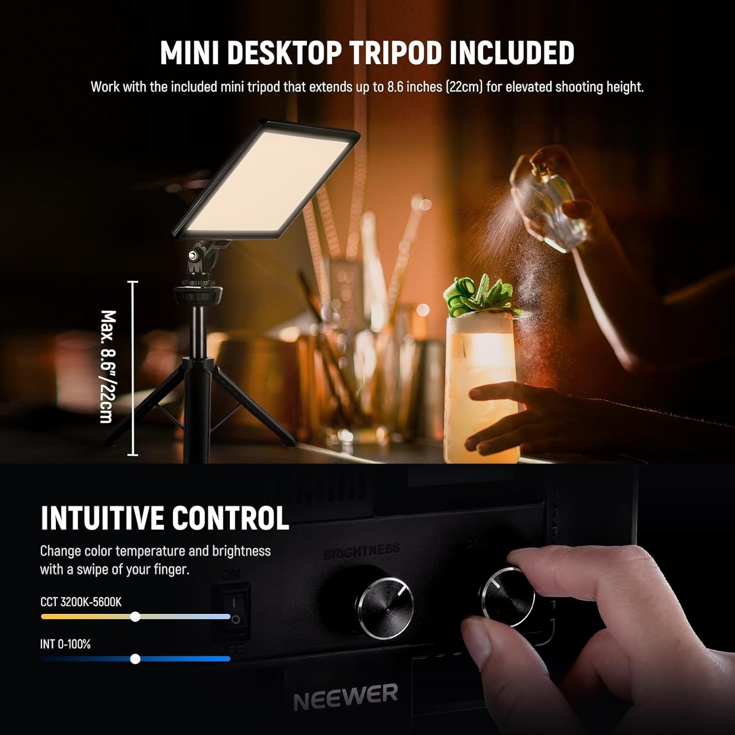 NEEWER 9" LED Video Light Panel, Dimmable DSLR Camera Soft Lighting with Mini Desk Tripod Stand, USB Type C Ports, 3200K~5600K CRI95+ for Studio Photography Video Recording Live Streaming, NL-116AI