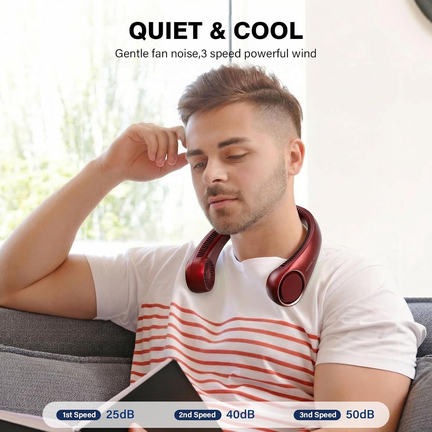 Morelax Neck Fan, USB Rechargeable Personal Fan,Hand Free Bladeless Portable Fans,4000 mAh, 3 Speeds,72 Air Faster softer 360° Cooling, Gift Suitable for Home, Office, Travel, Sports Red
