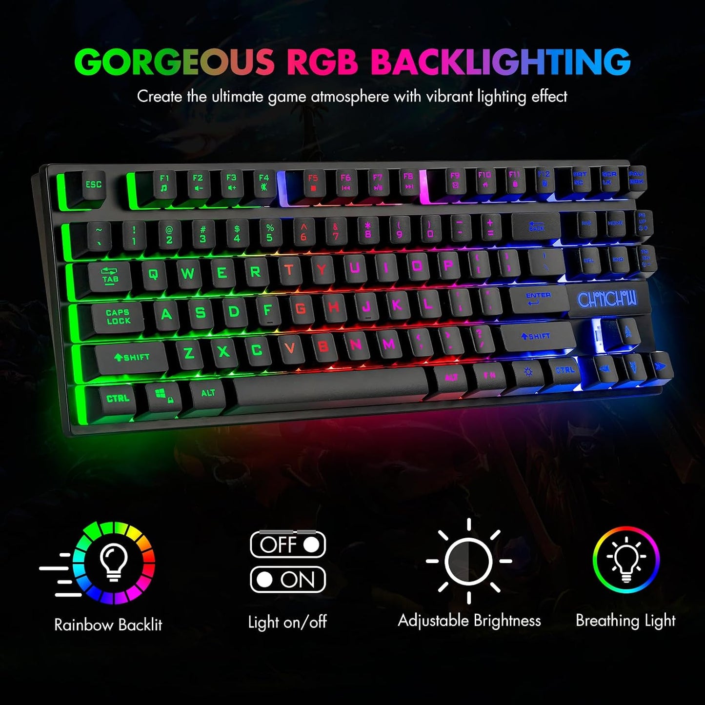 TKL Gaming Keyboard Mouse, Wired LED Keyboard RGB Mouse for PS4 Xbox PC Mac | 87 Keys Gaming Keyboard and 800-3200 DPI Rainbow Backlit Mouse