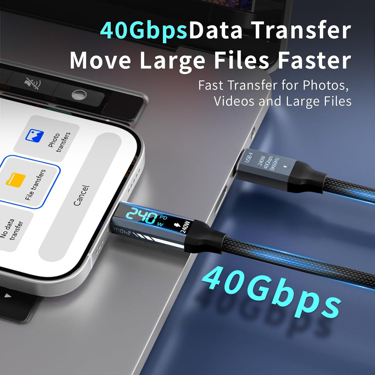 40Gbps USB4 Cable 240W USB-C to USB-C Cable, 8K@60Hz & 4K@144Hz High Refresh Video, 5ft Nylon Braided Fast Charging Cord, for Thunderbolt 4, Docking Station, External SSD, eGPU, Mac mini M4, Dell XPS