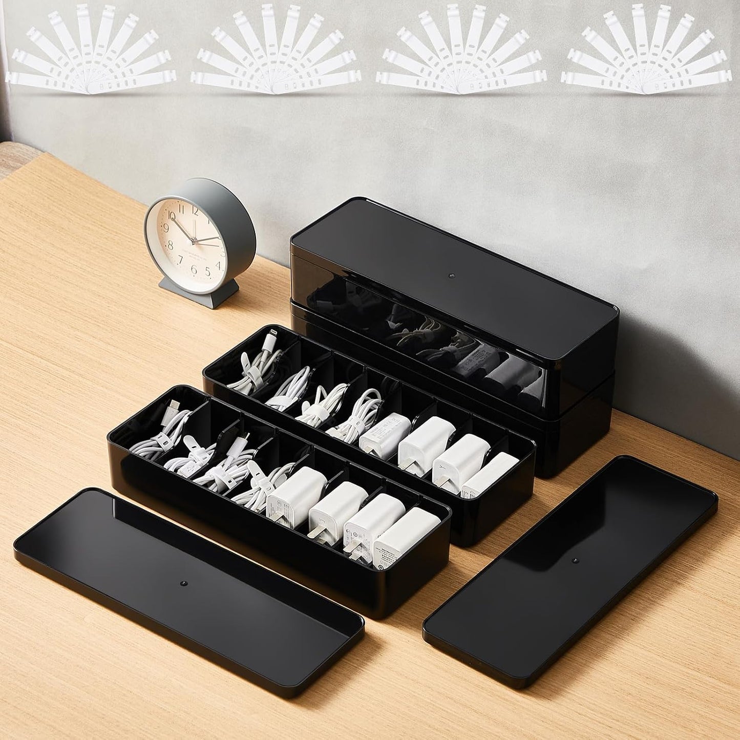 Tatuo 2 Pcs Cord Organizer for Drawer Desktop, Cable Organizer Box with 8 Compartments and Wire Ties, Plastic Charger Storage with Lid, Electronics Case for Home Office Accessories (Small,Clear)