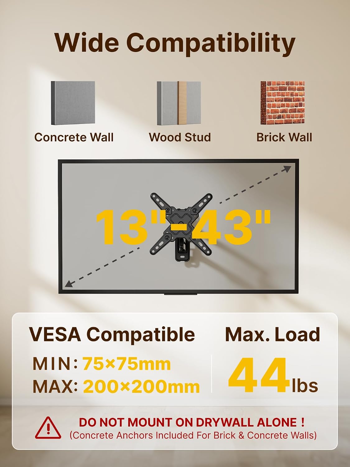 monTEK Full Motion Small TV Wall Mount for 13-43 Inch TVs up to 44 lb | ±90° swivel, +5°/-15° tilt, landscape/portrait rotation; extends 14.6 in, 4X load tested, VESA 200x200 mm, single-stud mount