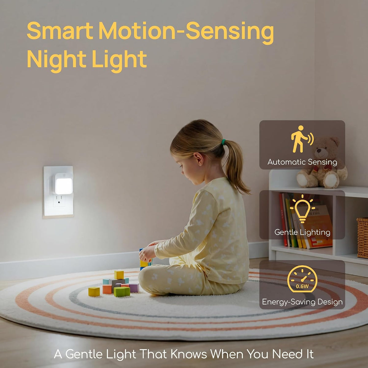 Plug-in Night Light with Motion Sensor, Dusk-to-Dawn Light Sensor