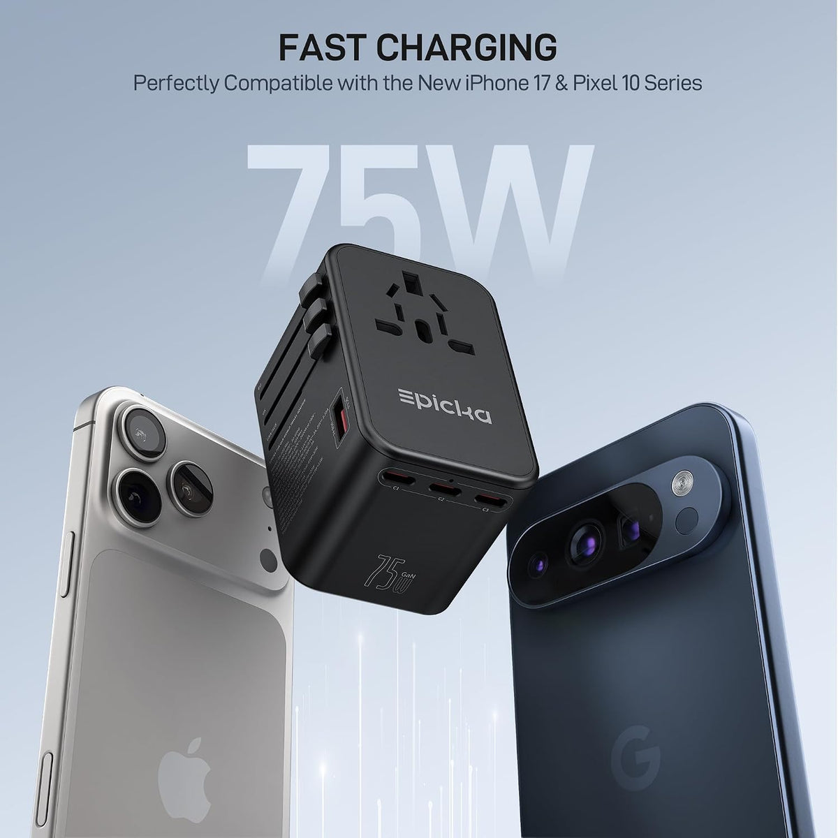 EPICKA 75W GaN PD Universal Travel Adapter, 3USB-C/2USB-A | International Power Adapter for EU/US/UK/AU, Fast Charging for Multi-Device Travel, TA-105 Max, Black