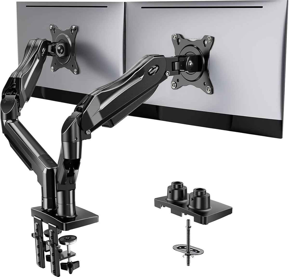 HUANUO Dual Monitor Stand - Full Adjustable Monitor Desk Mount Swivel Vesa Bracket with C Clamp, Grommet Mounting Base for 13 to 32 Inch Computer Screens - Each Arm Holds 4.4 to 19.8lbs - White