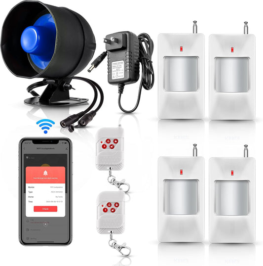 WiFi Alarm Home Security System, Wireless Alarm System with Loud 120dB Motion Sensor Siren, Window Door Alarms Sensor, Remote Control for Shed Garage(SetD)