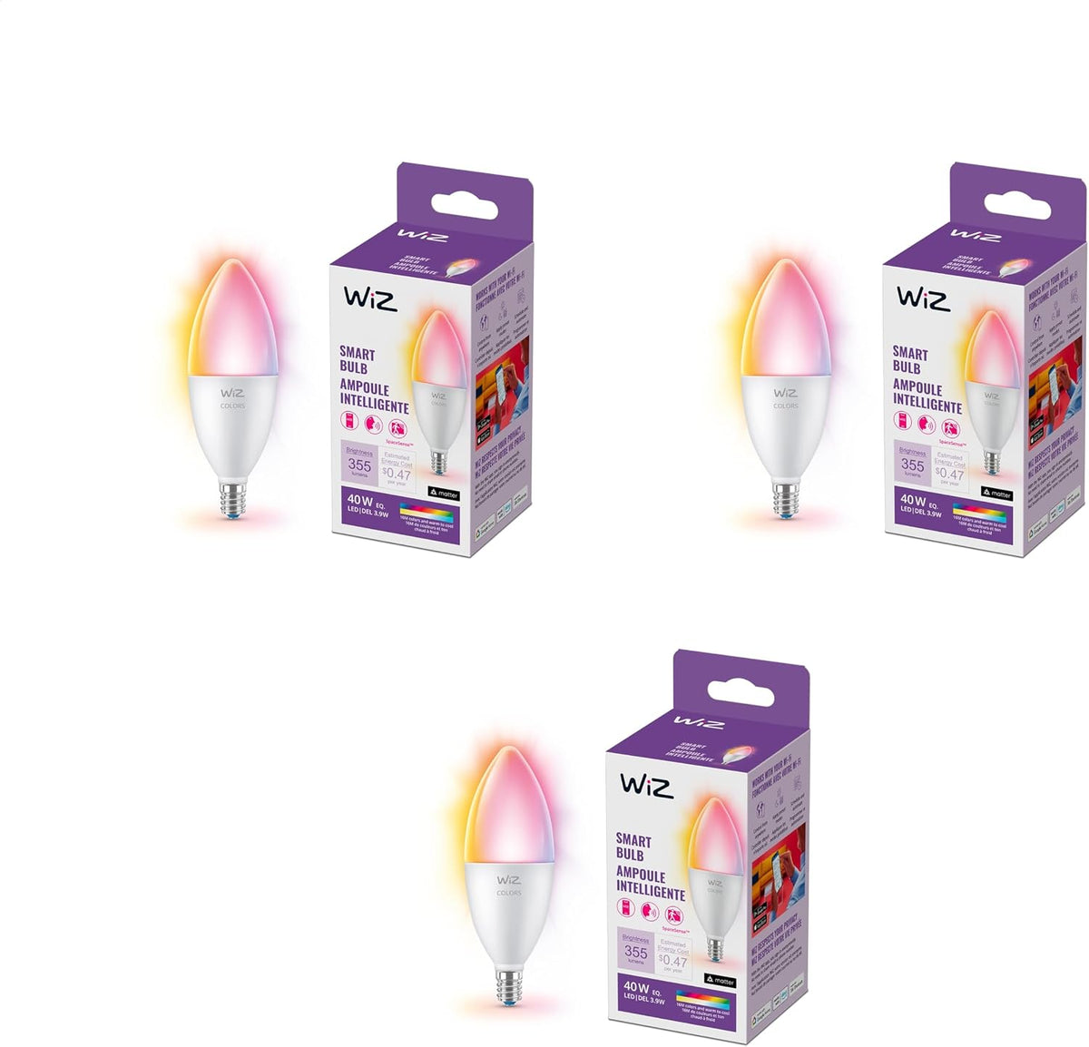 WiZ Connected 40W B12 Smart Candle-shape, E12 base, Full Color, Dimmable, 1-Pack, Indoor, Connect to Wi-Fi, Control Voice or App + Activate with Motion, Matter Compatible