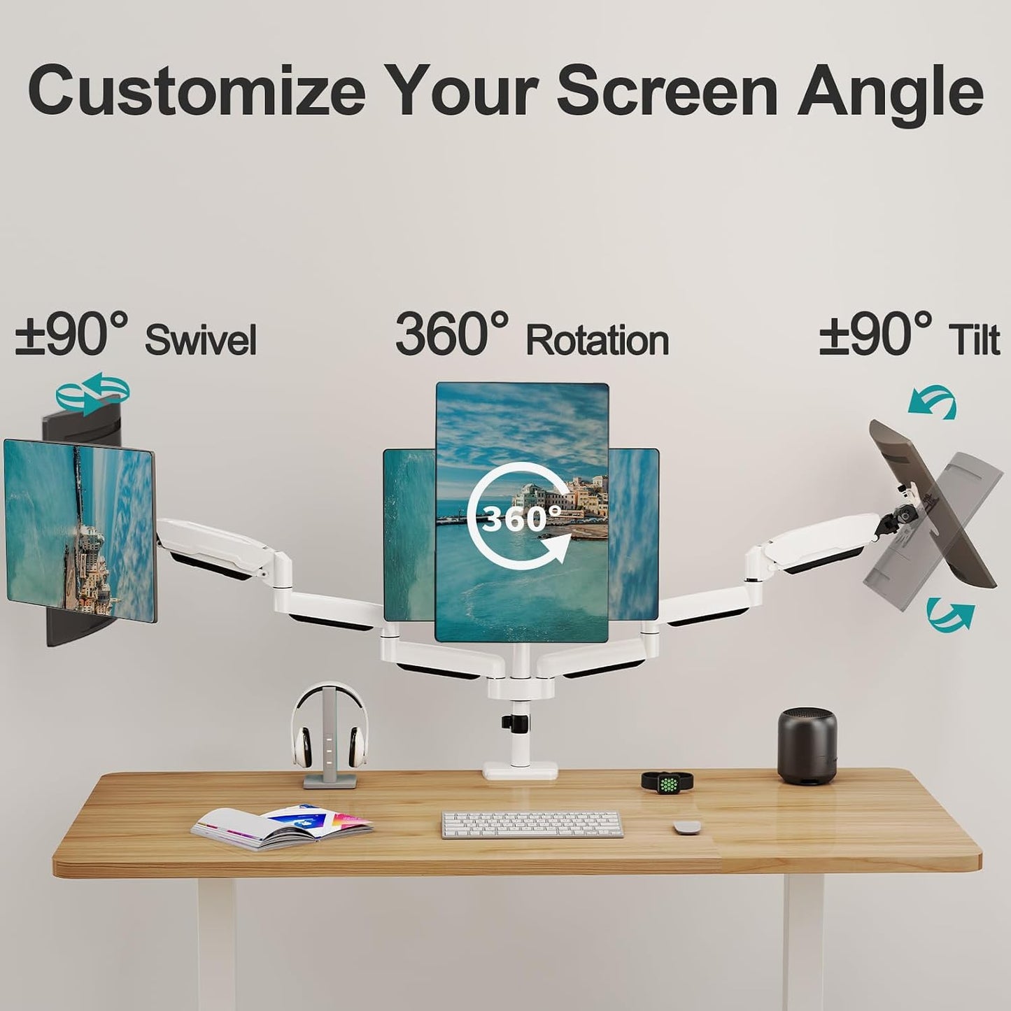MOUNT PRO Triple Monitor Mount, 3 Monitor Desk Mount for Three Screens up to 32 Inch, Full Motion Gas Spring Heavy Duty Arm Hold up to 19.8lbs Each, White