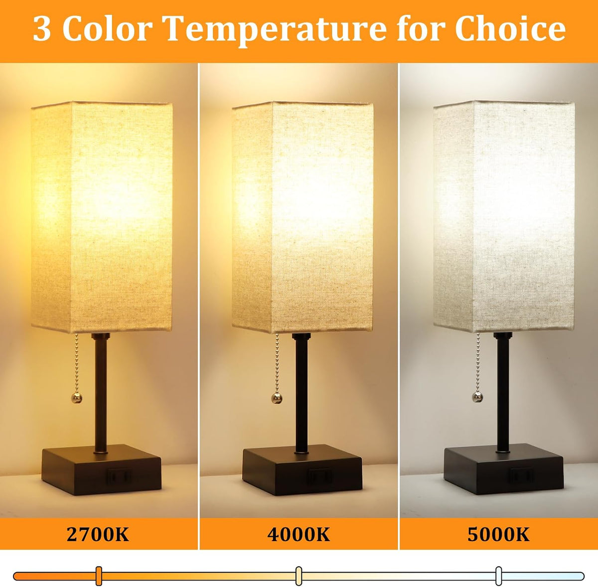 15'' Bedside Table Lamp for Bedroom Small Night Light Lamps for Night stand | Pull Chain Table Lamps for Night stands with AC Outlet，desk lamp with 2 Bulbs Lamp for Living Room Kids Room Office Decor