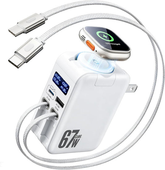 5-in-1 67W Retractable USB-C Wall Charger, for Apple Watch & iPhone & iPad | Smart Display, GaN Fast Charging, Retractable Charger, iWatch Pad, Foldable Plug, Travel-Ready, 2 UsbC Cables & 2 Ports