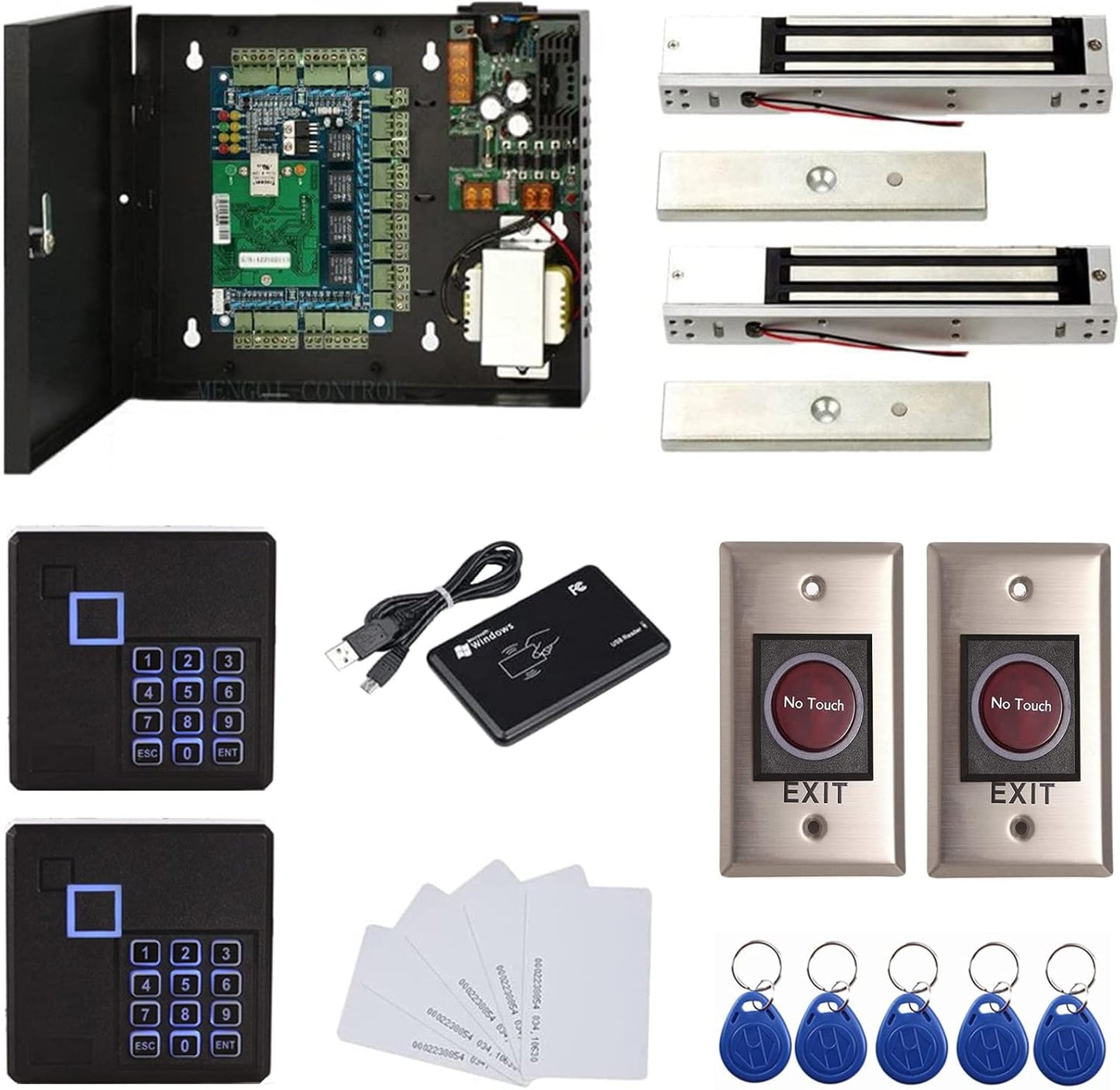 Request to Exit PIR Motion Sensor 4 Doors Access Control Electronmagnetic 600 LBS Magnetic Lock 110-240V Power Supply Box RFID Keypad Reader Keyfobs/Cards(Phone APP remotely Open Door)