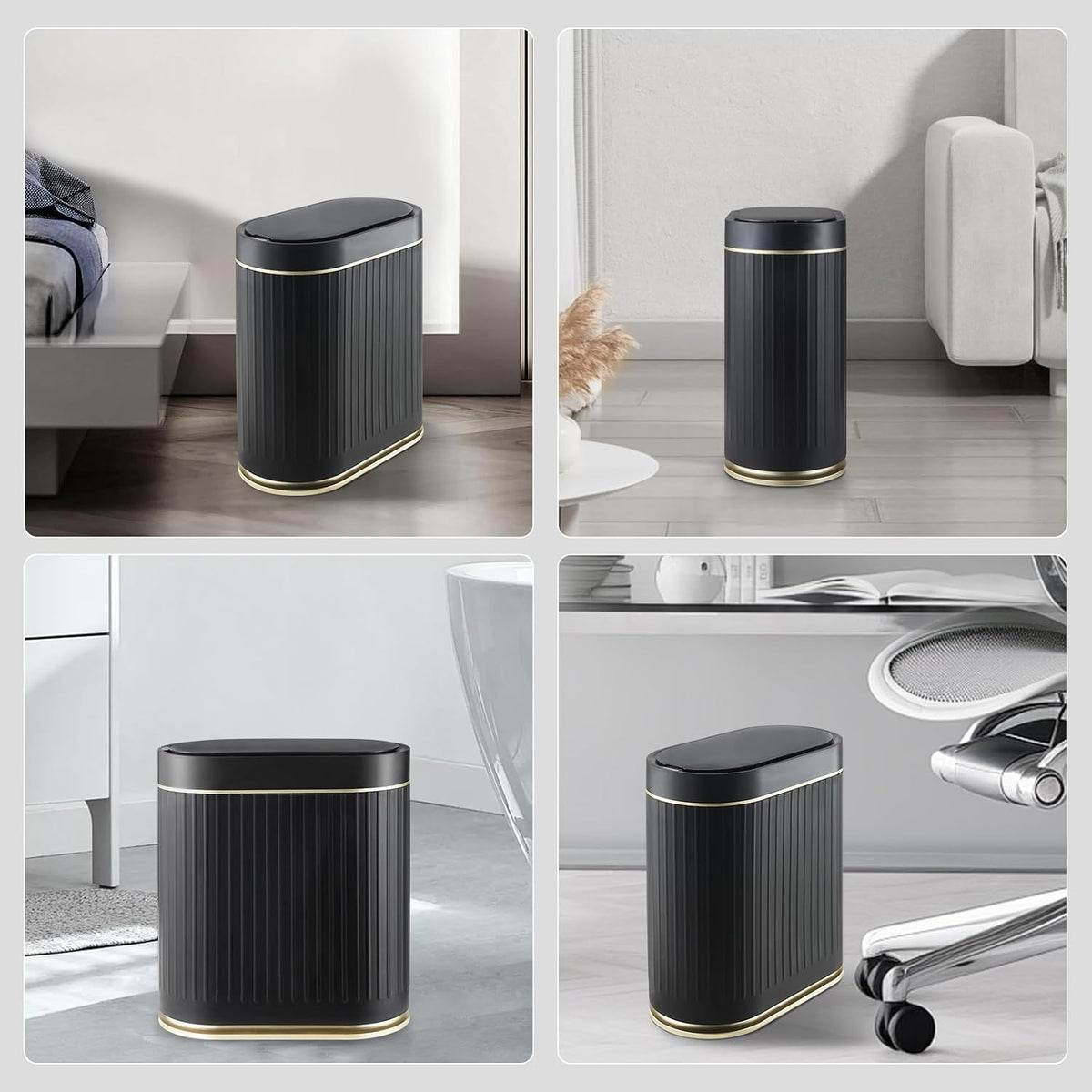 ELPHECO Slim Bathroom Trash Can with Lid, 2 Gallon Black Golden
