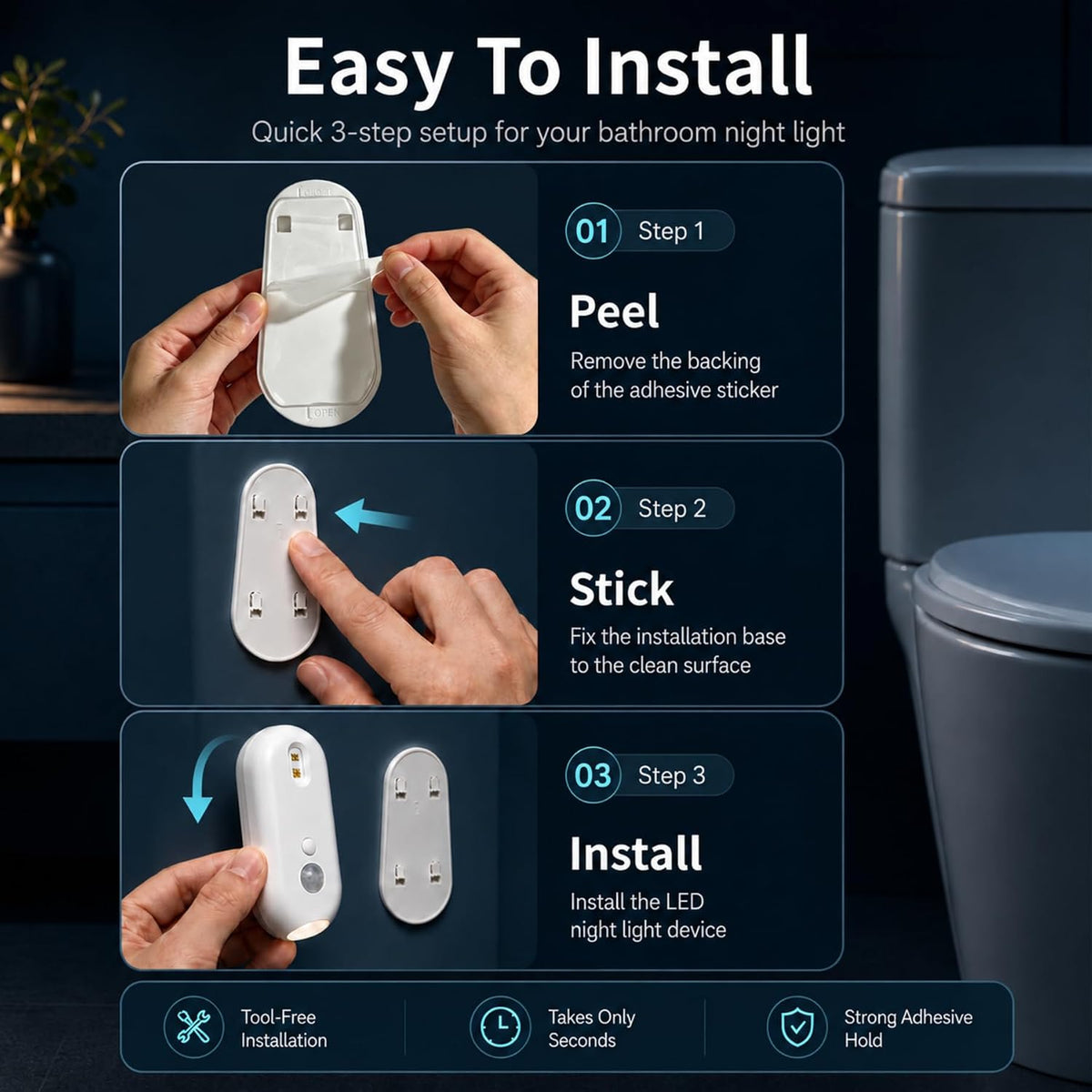 2 Packs Toilet Night Light with Motion-Activated, RGB Smart Toilet Bowl Night Light with USB Rechargeable, Waterproof, Adhesive-Mounted for Home/Shared Bathroom