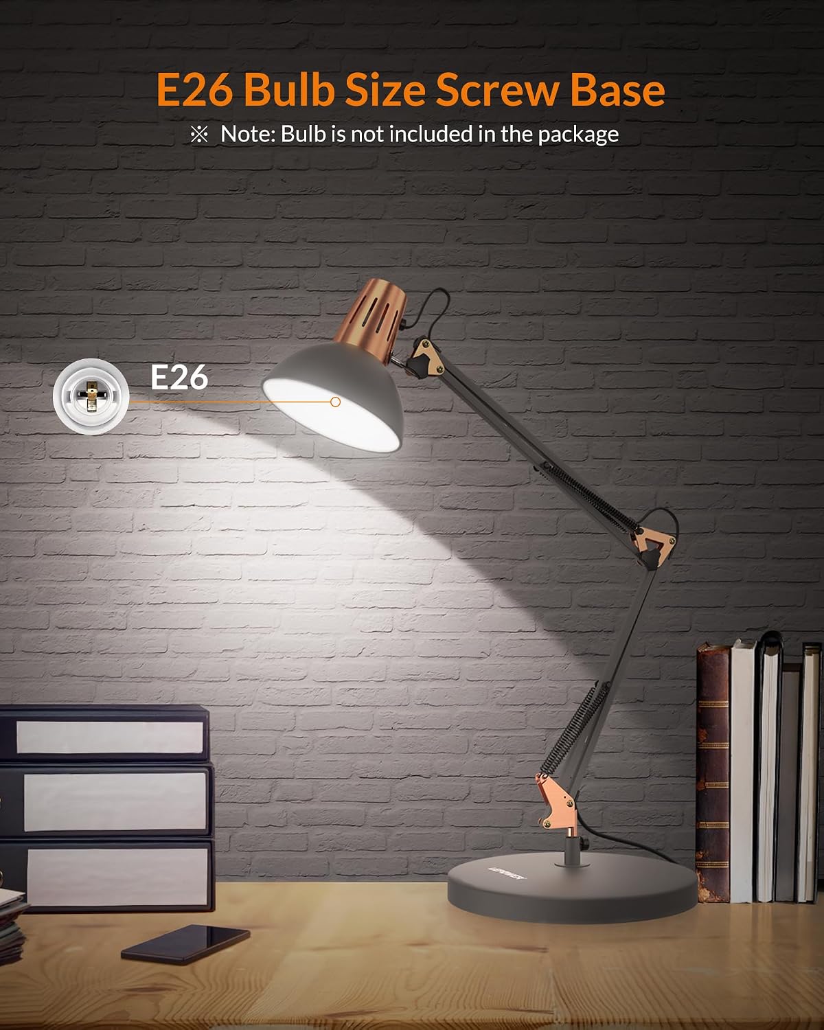 LEPOWER Metal Adjustable Desk Lamp with Clamp, Swing Arm for Home Office | Gooseneck, Architect Style, Eye-Caring Table Lamp, On/Off Switch, E26 Base, Reading for Dorm, Bedroom, Study, Back to School
