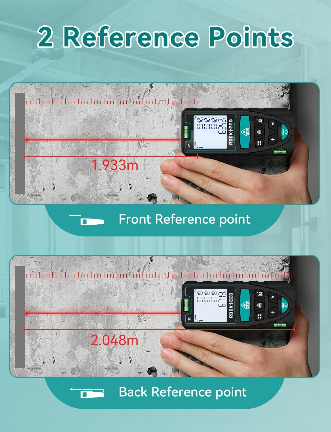 Laser Measure,RockSeed Digital Laser Distance Meter with 2 Bubble Levels,Portable M/in/Ft Unit Switching Backlit LCD and Measuring Distance/Area/Volume/Pythagorean