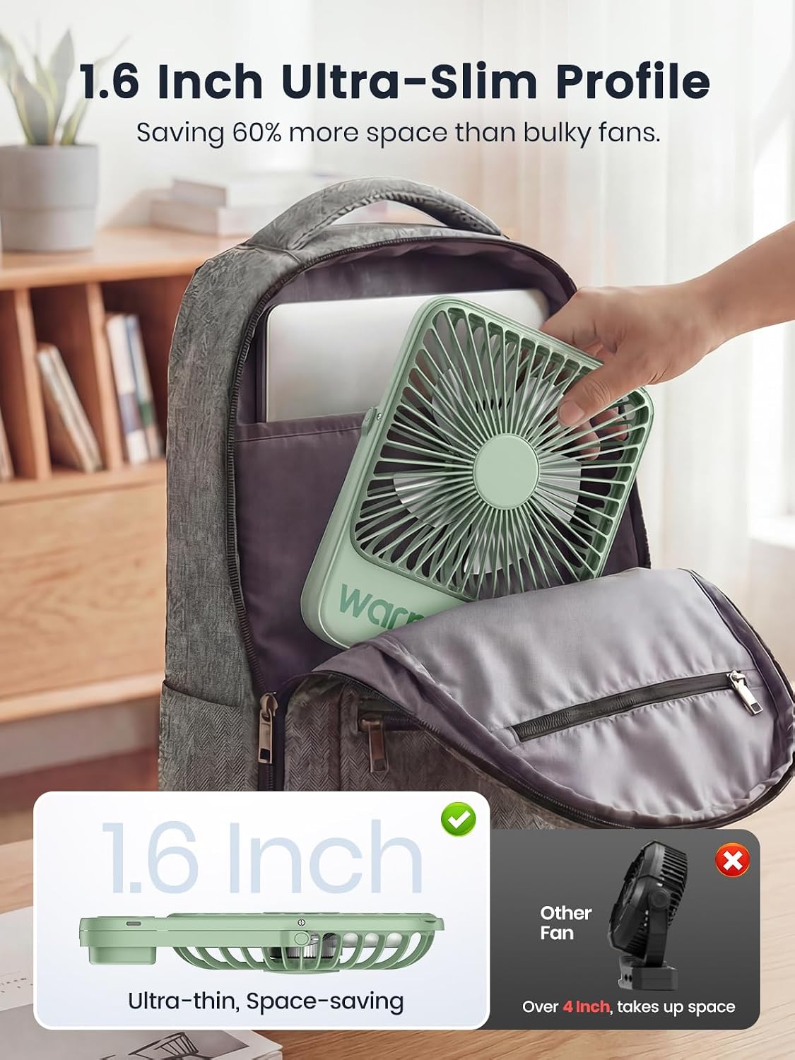 Warmco D3 Portable Travel Fan 10000mAh, Ultra-Slim, 24H Runtime | Quiet 7-Inch Rechargeable Desk Fan, Digital Display For Camping, Office, Bedroom & Cruise