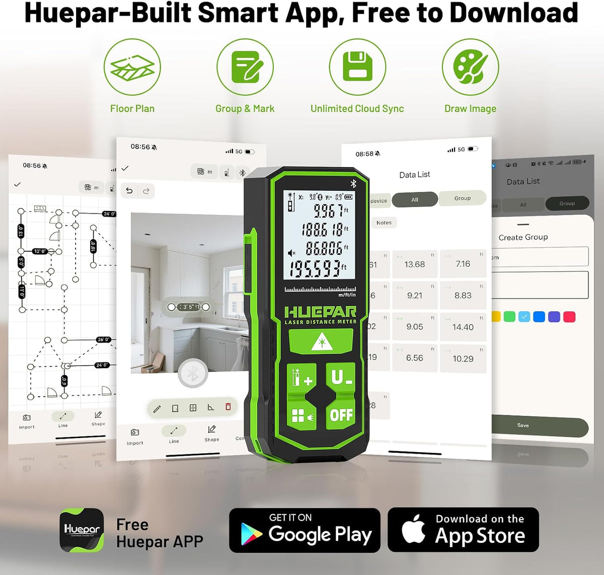 Huepar 200Ft Bluetooth Laser Measuring Tool S60-BT, APP Control, Rechargeable USB-C Laser Distance Meter, ±1/16" High Accuracy, Angle Sensor, IP54, for Distance/Area/Volume, Gifts for Men
